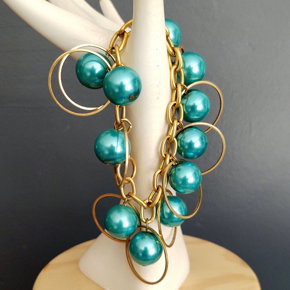 Metallic teal beaded hoop statement bracelet - Picture 3 of 9